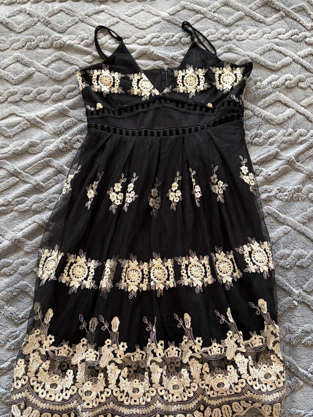 Boohoo Black & Gold Embroidered Lace Dress